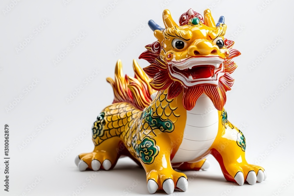 Fototapeta premium Colorful Dragon Statue on White Background - A vibrant ceramic dragon statue featuring intricate details and bright colors, symbolizing strength and protection, set against a clean white backdrop