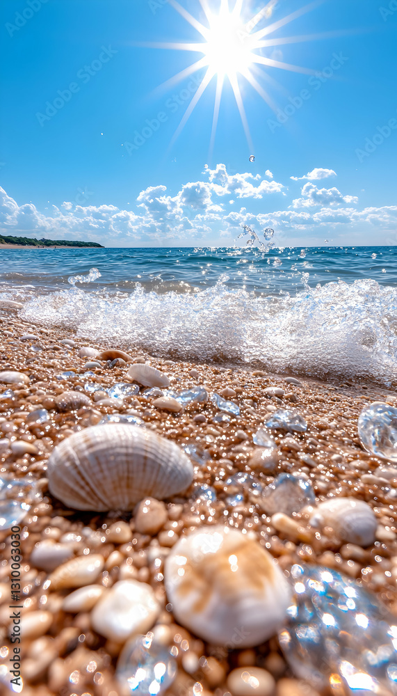 Seashells on sunny beach with waves. Seashells on sunny beach with waves.