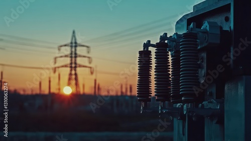 Power switchgear at sunset, transmission lines