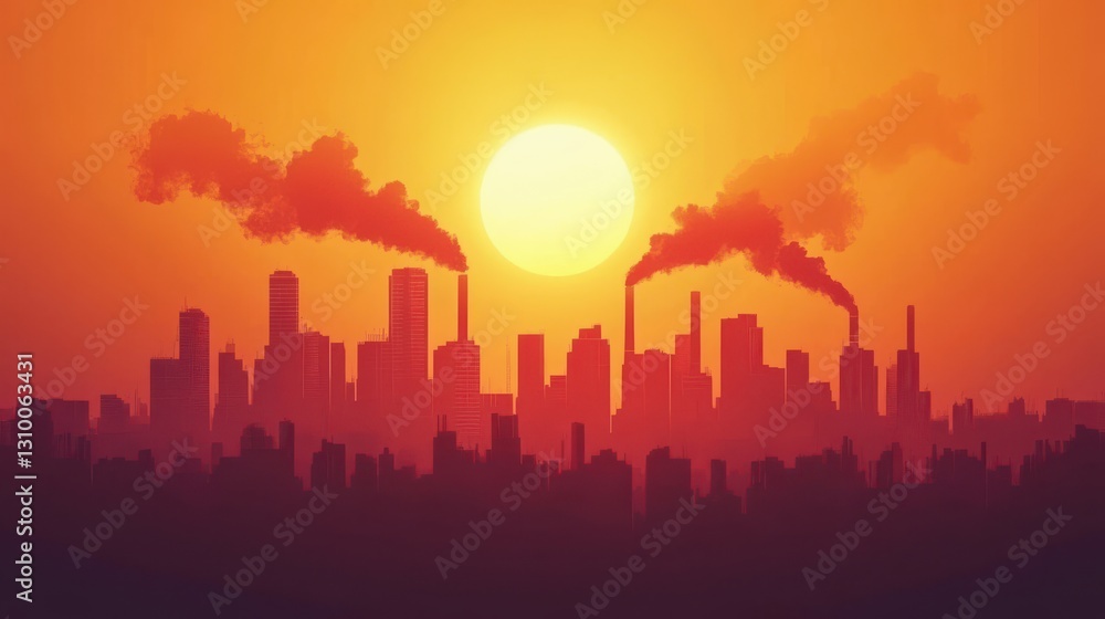 Urban Pollution: A Hot, Hazy Skyline with Industrial Emissions Against a Blazing Sun Urban Pollution: A Hot, Hazy Skyline with Industrial Emissions Against a Blazing Sun