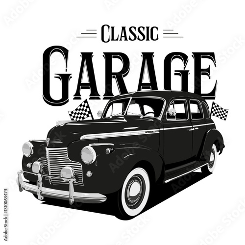 Vintage vector illustration of a classic black sedan from the 1940s in a retro garage setting with elegant and nostalgic details.