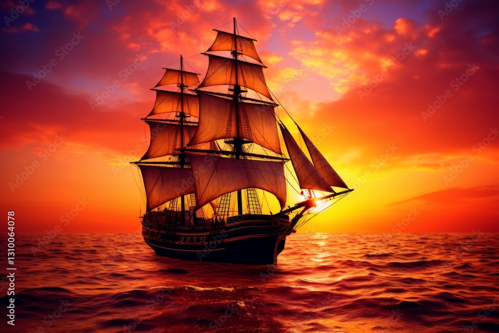 Fototapeta premium Vibrant sunset over tranquil sea with gentle waves and majestic ship silhouetted in warm hues