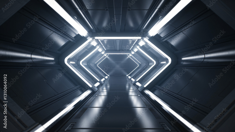 Obraz premium A symmetrical, futuristic tunnel with illuminated white geometric patterns creating depth ai generated