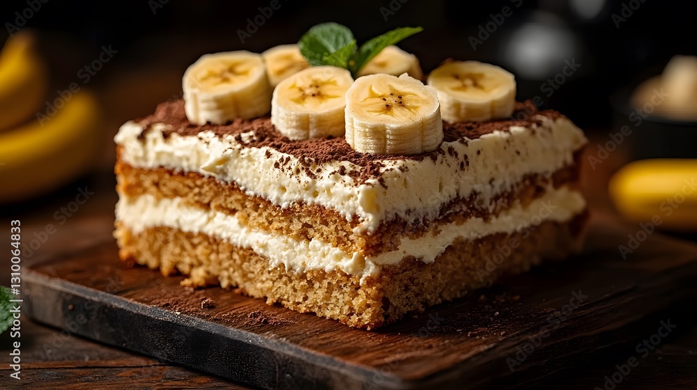 Experience the Joy of a Luscious Banana Cake with Creamy Frosting and Sliced Bananas on a Handcrafted Wooden Board Experience the Joy of a Luscious Banana Cake with Creamy Frosting and Sliced Bananas on a Handcrafted Wooden Board