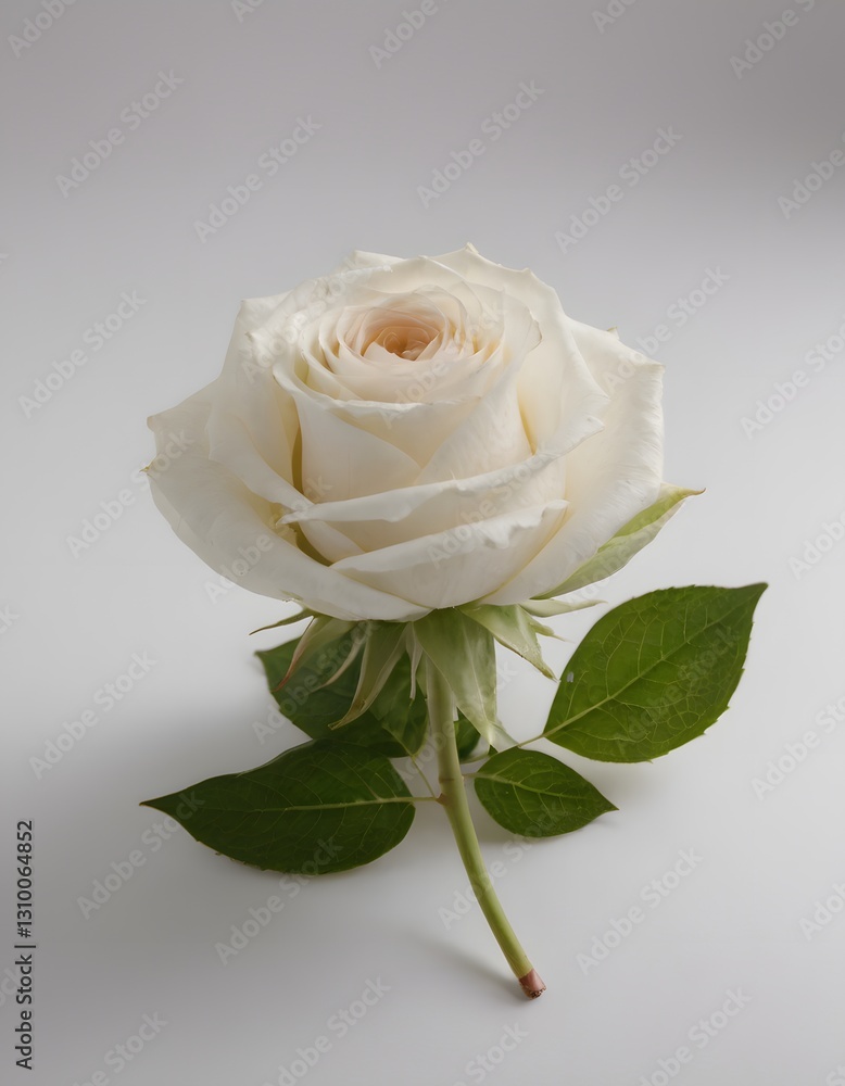 Fototapeta premium A single white rose with green leaves against a white background