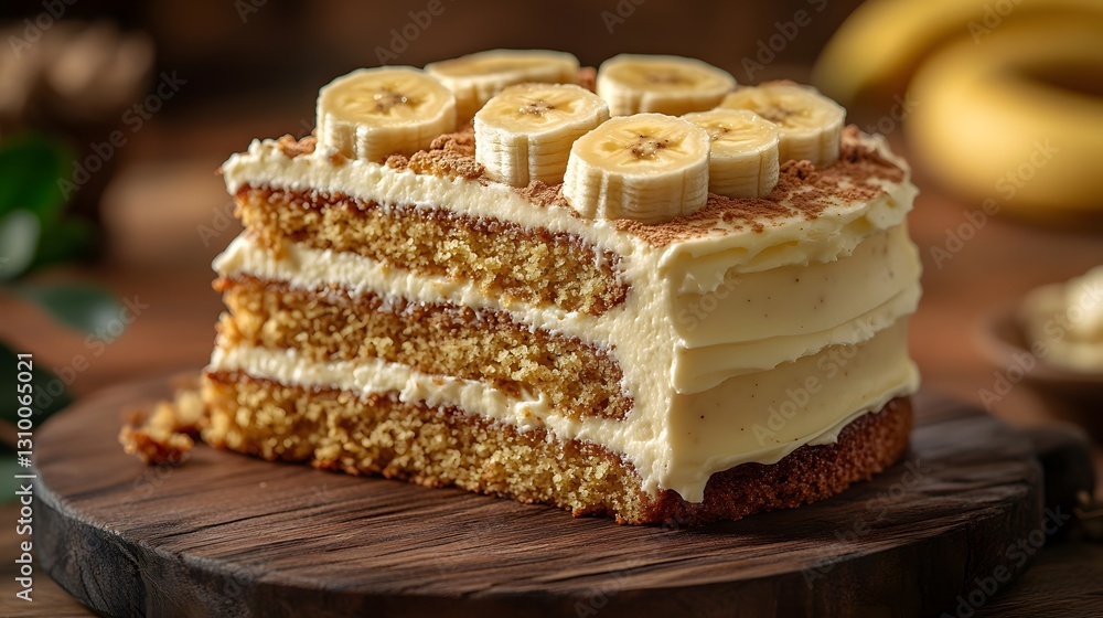 Indulge in a Scrumptious Slice of Banana Cake with Creamy Frosting and Fresh Sliced Bananas on a Warm Wooden Board Indulge in a Scrumptious Slice of Banana Cake with Creamy Frosting and Fresh Sliced Bananas on a Warm Wooden Board