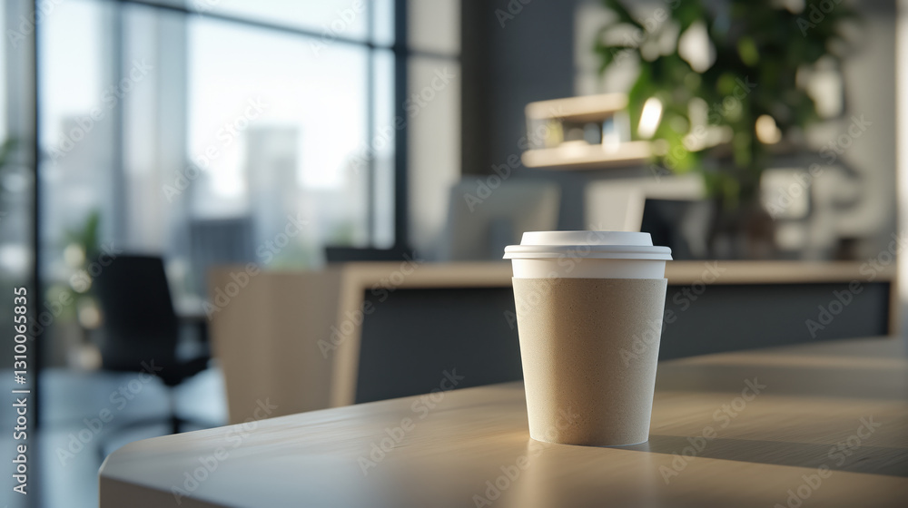 Side View of a Cup of Latte on a Modern Desk, with a Blurred Office Background and Spacious Room on the Side for Custom Text or Copy copy space Side View of a Cup of Latte on a Modern Desk, with a Blurred Office Background and Spacious Room on the Side for Custom Text or Copy copy space