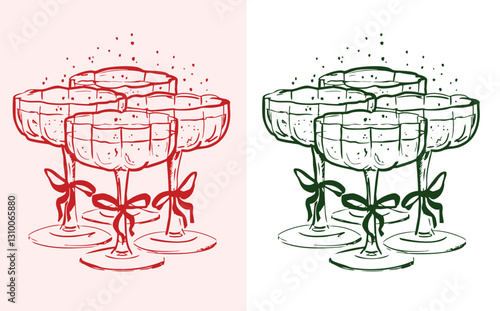 A set of four hand drawn vintage drink glasses with tied bows, Minimal line art champagne coupe glass illustration, Prosecco glass outline doodle drawing for T-shirts, posters and web design