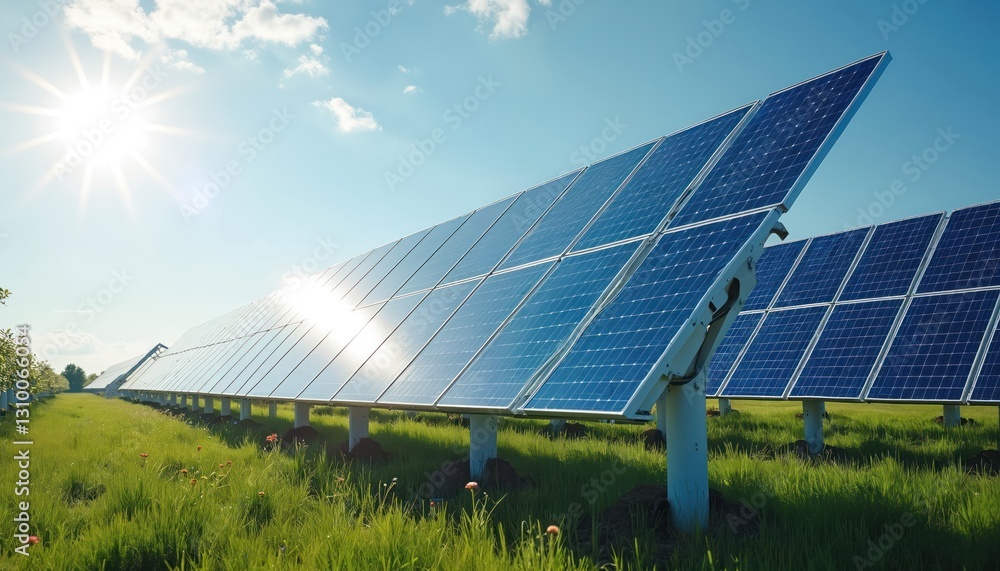 Solar panels farm on green field. Blue silicon cells modules on white background. Clean power generation, ecology solution, modern tech innovation. Sunny day. Eco energy source. Solar panels farm on green field. Blue silicon cells modules on white background. Clean power generation, ecology solution, modern tech innovation. Sunny day. Eco energy source.