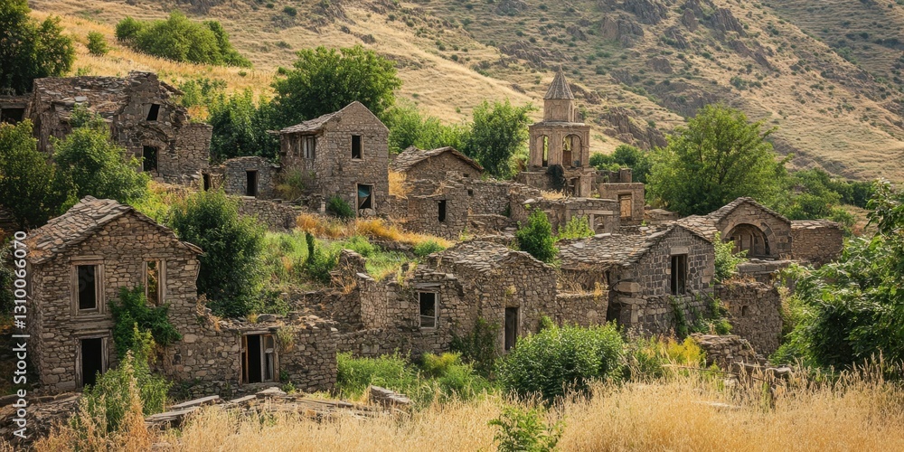 Fototapeta premium Ruined stone village amidst mountain landscape and greenery Armenian Genocide Remembrance Day.