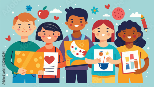 A local schools art club proudly showcases their latest pieces featuring a mix of thrifted and new art supplies that have brought their visions to. Vector illustration
