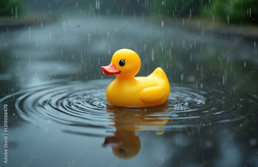 Yellow rubber duck in puddle with rain. Kids toy floating on water, rainy weather creating ripples, bokeh. Symbol of childhood, fun, joy, carefree mood, relax, positive emotions. Yellow rubber duck in puddle with rain. Kids toy floating on water, rainy weather creating ripples, bokeh. Symbol of childhood, fun, joy, carefree mood, relax, positive emotions.