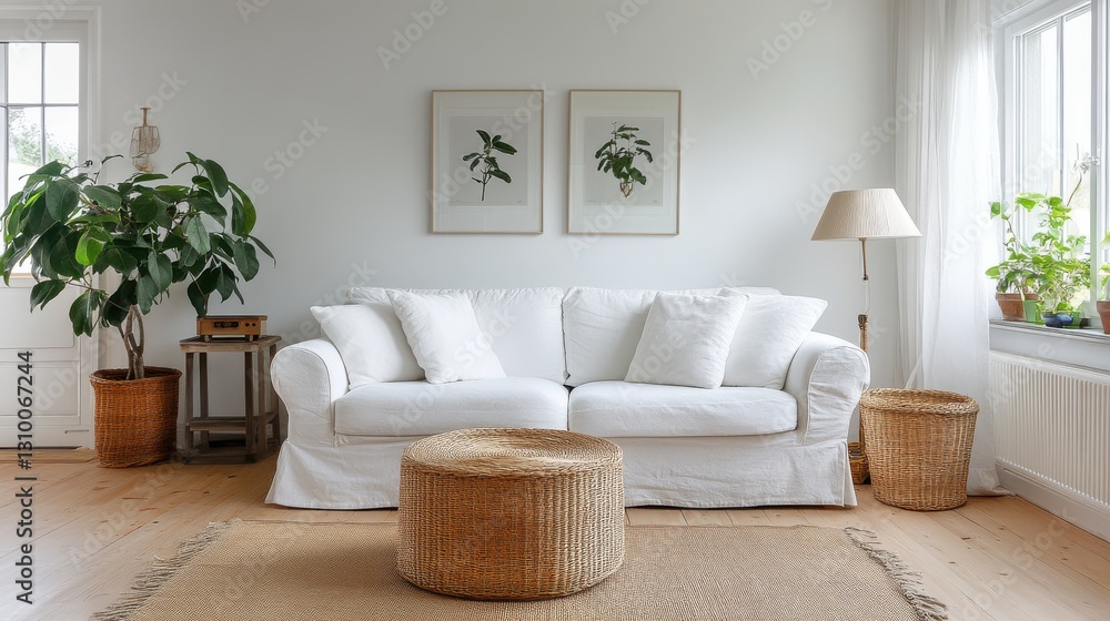 Fototapeta premium Serene Living: White Sofa, Natural Textures, Botanical Art