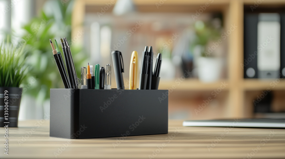 Side View of a Desk Organizer with Pens and a Stapler Neatly Placed on an Office Desk, with a Blurred Background of a Professional Workspace and Plenty of Space on the Right for Text or Messages copy Side View of a Desk Organizer with Pens and a Stapler Neatly Placed on an Office Desk, with a Blurred Background of a Professional Workspace and Plenty of Space on the Right for Text or Messages copy