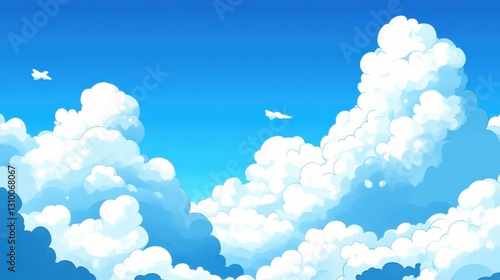 Dreamy Skies: Billowing Clouds and Gentle Flight on a bright day.