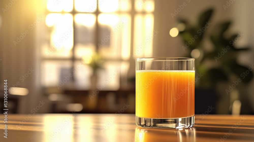 Side View of a Glass of Freshly Squeezed Juice on a Desk, with a Blurred Office Setting in the Background and Plenty of Space for Text Placement on the Right Side copy space Side View of a Glass of Freshly Squeezed Juice on a Desk, with a Blurred Office Setting in the Background and Plenty of Space for Text Placement on the Right Side copy space