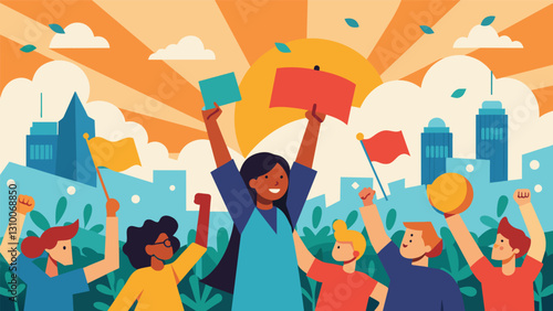 As the sun shone down on the crowd the rallying cries for education reform only grew louder and stronger.. Vector illustration