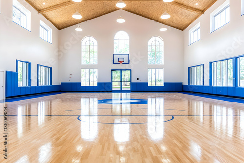 Spacious indoor basketball court with high ceilings and large windows.