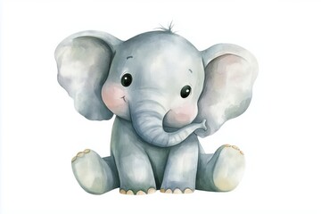watercolor illustration of cute naive cartoon baby elephant on white background