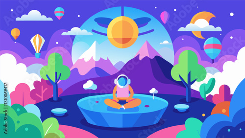 Wellness Wonderland Step into a virtual world of wonder and mindfulness filled with colorful landscapes and guided visualizations.. Vector illustration