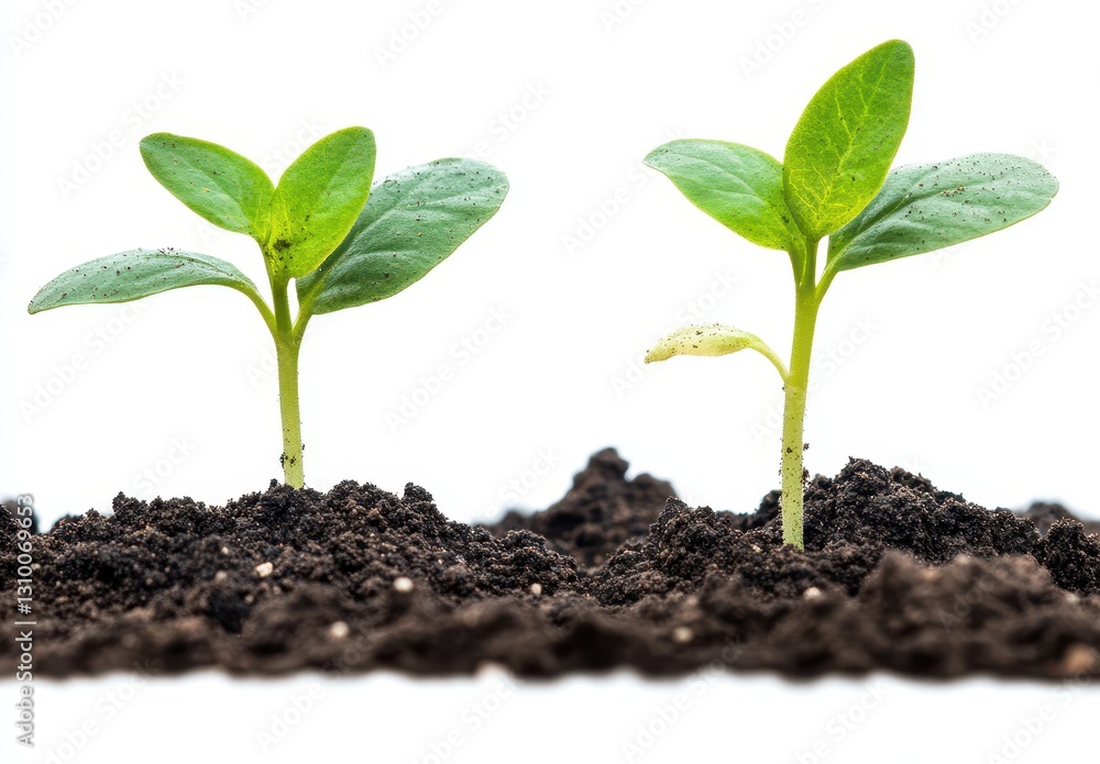 Two Young Seedlings Growing in Rich Dark Soil Isolated on a Clean White Background Symbolizing New Beginnings and Growth in Nature Two Young Seedlings Growing in Rich Dark Soil Isolated on a Clean White Background Symbolizing New Beginnings and Growth in Nature