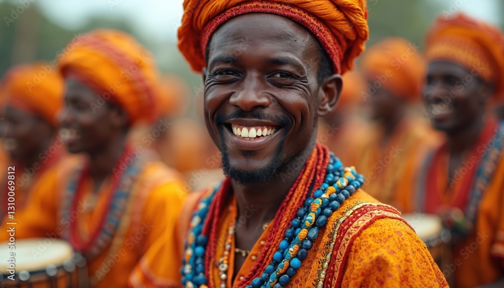 Fototapeta premium Smiling african male drummer in bright orange clothes, turban, beads. Men drumming, dancing in background at festival celebrating freedom, equality, racial rights, emancipation, ethnic diversity.