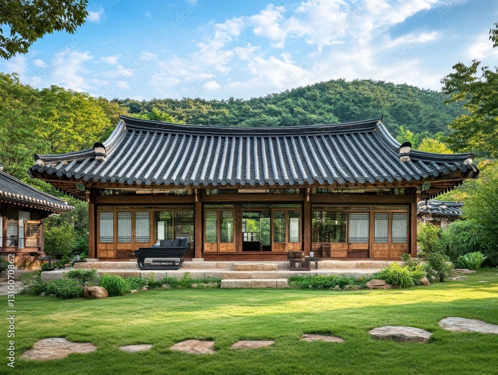 A traditional style building surrounded by green lawn and trees A traditional style building surrounded by green lawn and trees
