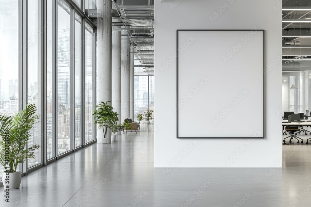 Modern office with a blank framed wall, glass windows, and city skyline view. Perfect for corporate branding, workspace design, and business presentations Modern office with a blank framed wall, glass windows, and city skyline view. Perfect for corporate branding, workspace design, and business presentations