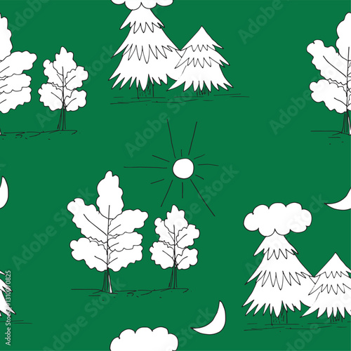 coniferous trees and oak with sun and moon vector seamless pattern graphics doodle hand drawn illustration on green background base for textile design tableware and printing