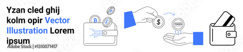 Digital wallet with cryptocurrency coins, a hand transferring money via token icon, and a wallet holding a card. Ideal for fintech, digital payments, cryptocurrency, e-commerce, online transactions