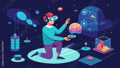 Unlock hidden abilities and improve your mindbody connection by completing a variety of challenging tasks in a futuristic VR simulation.. Vector illustration
