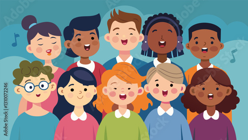 The diversity of voices and backgrounds represented in the childrens choir united by their shared love for music and performance.. Vector illustration