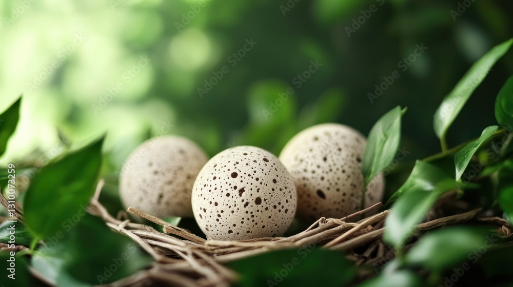Three spotted eggs nestled gently in a natural twig nest Three spotted eggs nestled gently in a natural twig nest