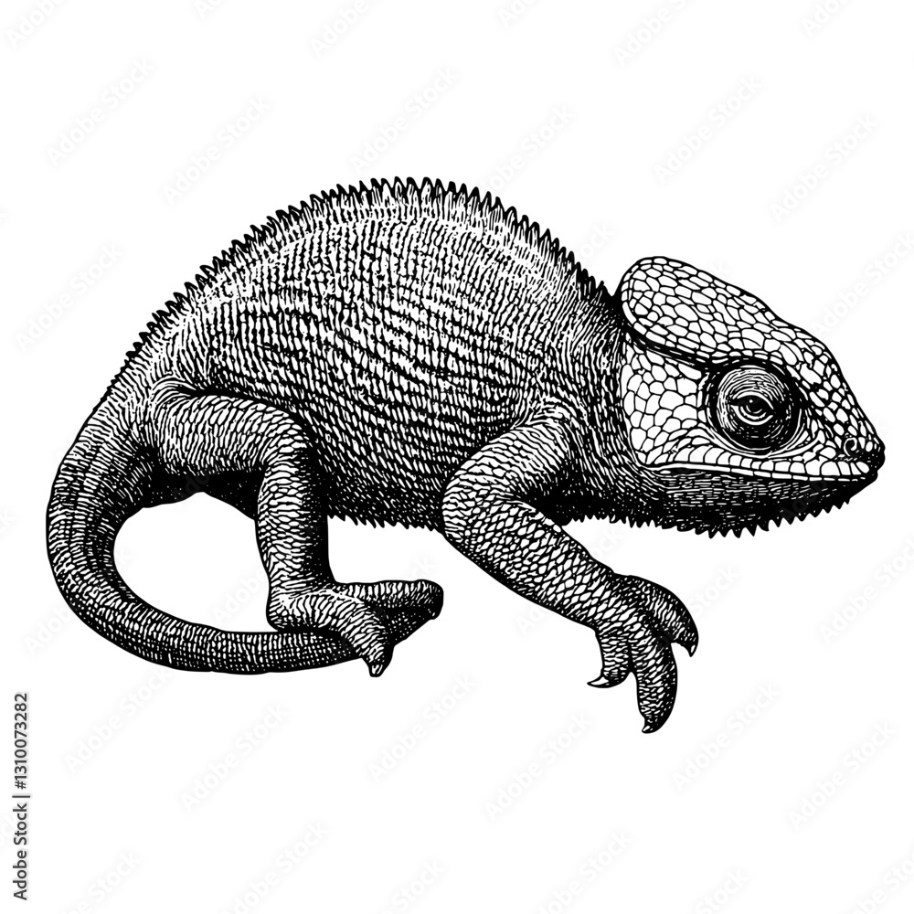 Fototapeta premium Intricate engraved illustration of a chameleon showcasing unique textures and detailed features perfect for tattoo enthusiasts