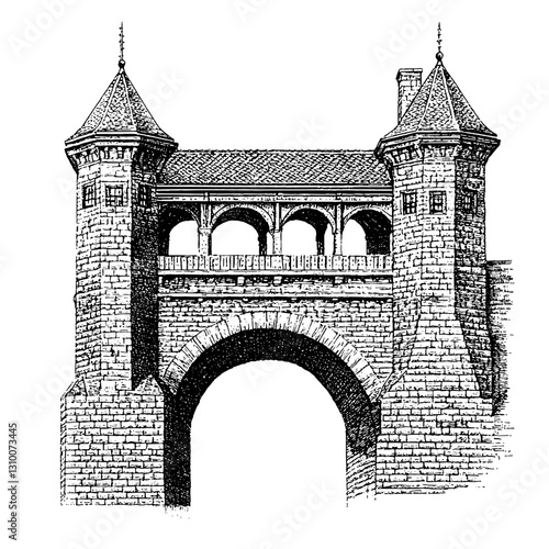 Engraved illustration of a majestic medieval stone bridge with towers and arches, showcasing intricate architectural details and timeless elegance