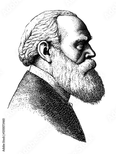 Engraved illustration capturing the distinguished profile of an elderly gentleman with a beard and thoughtful expression