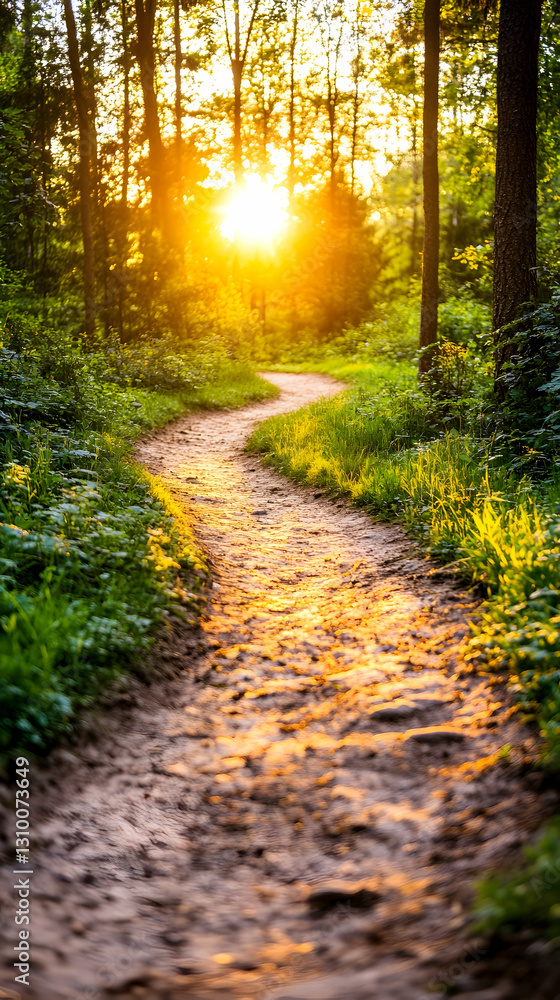 Fototapeta premium Sunlit path winding through a lush green forest at sunset