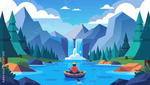 Take a break from the hustle and bustle of daily life by escaping to a tranquil VR kayaking getaway surrounded by stunning mountain views and. Vector illustration