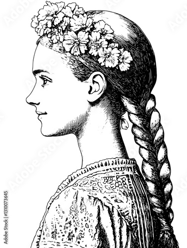 Portrayal of a young girl adorned with flowers and a braid, embodying innocence and tradition in an artistic engraving style