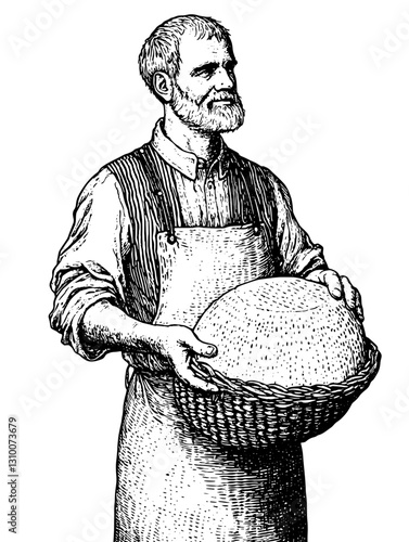 Crafting bread with care, a skilled baker holds freshly risen dough in his basket, showcasing artisanal dedication to traditional baking practices