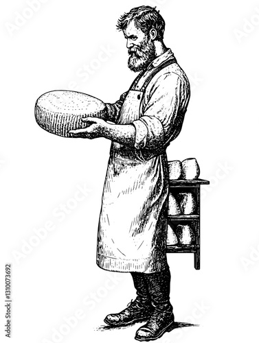 Craftsman skillfully holds a round cheese while showcasing his craftsmanship in a detailed engraving style