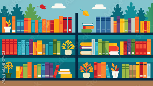 Rows of neatly arranged book displays in the library featuring books for different seasons and holidays.. Vector illustration