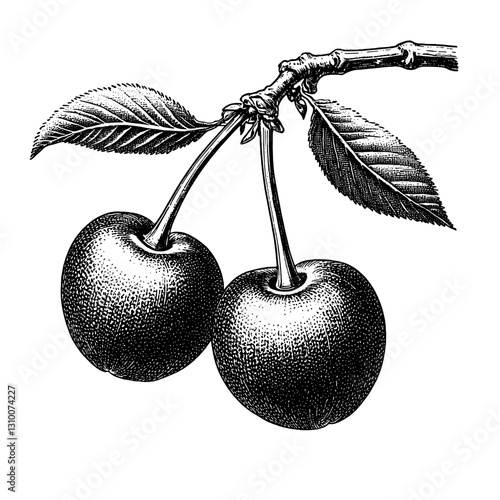 Engraved illustration of cherry fruits hanging on a branch with detailed leaves capturing the essence of nature