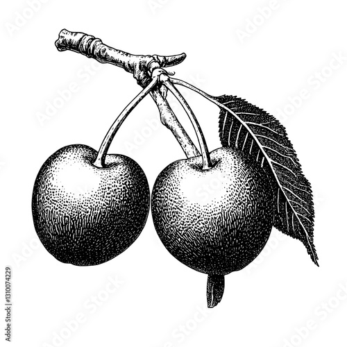 Wallpaper Mural Elegant engraved illustration of twin cherries hanging gracefully from a slender branch with intricate details of leaves and texture Torontodigital.ca