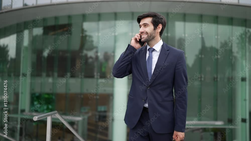 Skilled caucasian project manager calling phone while walking at city with blurred background. Skilled businessman using smart phone talking to project manager with blurred background. Exultant. Skilled caucasian project manager calling phone while walking at city with blurred background. Skilled businessman using smart phone talking to project manager with blurred background. Exultant.