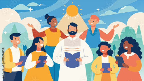 The clear crisp air carrying the joyful voices of the congregation as they witness the sacred event.. Vector illustration