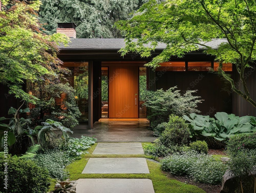 Modern house entrance framed by lush landscaping and inviting pathway Modern house entrance framed by lush landscaping and inviting pathway