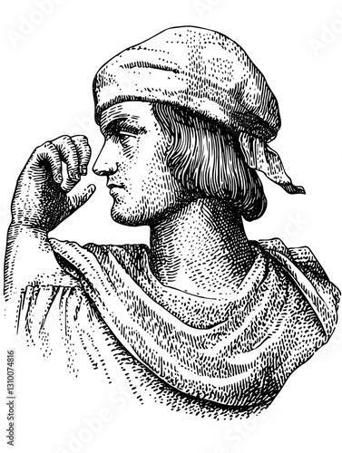 Engraved illustration of a thoughtful figure with a turban wearing a robe, beautifully crafted for tattoo art enthusiasts and collectors