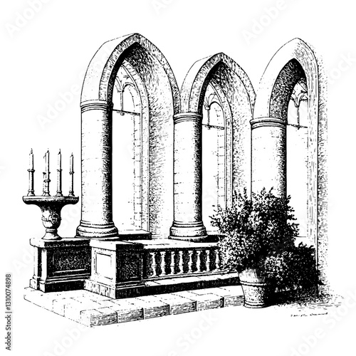 Elegant engraved illustration of arched architecture featuring a beautiful indoor setting with candle holders and lush greenery