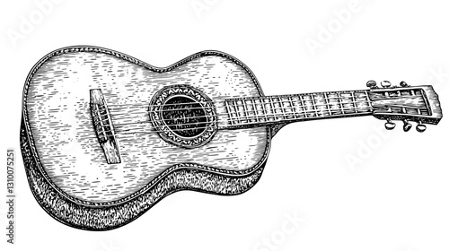 Intricate engraved illustration of a vintage guitar reflecting musical artistry and craftsmanship in detailed vector style